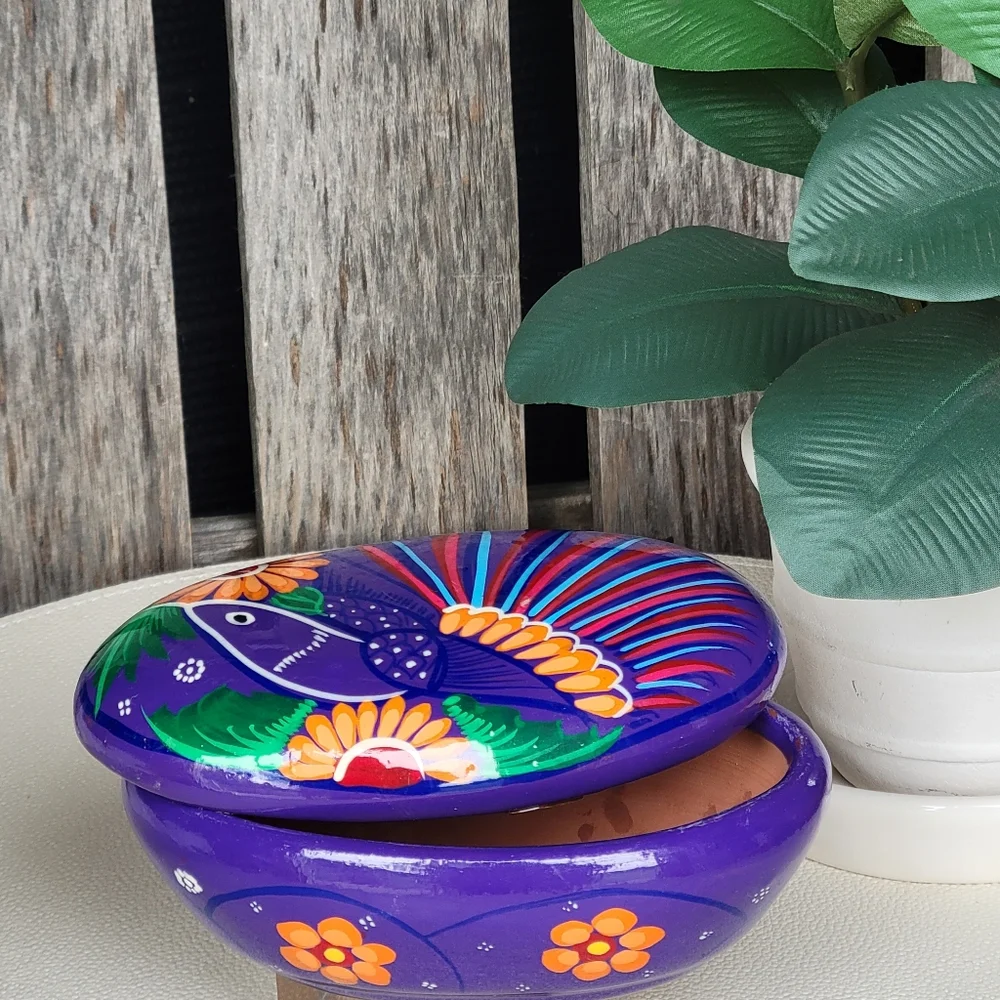 Mexican Folk Art Hand-Painted Oval Trinket Box Purple Bird